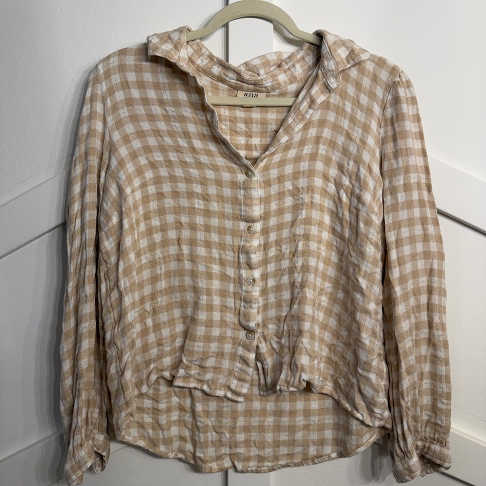 a.n.a Women's Beige Checkered Button Down Shirt